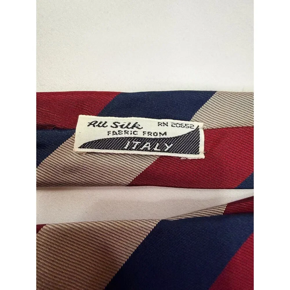Vintage Tom James Silk Tie Regimental Stripe Red Blue Tan Italian Fabric USA